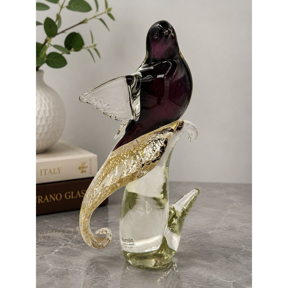 Formia Murano Greater Bird of Paradise Art Glass Sculpture Purple Gold Italy